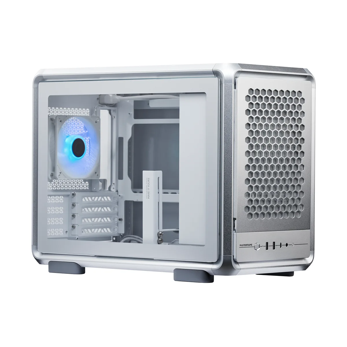 Silver open-frame Micro-ATX chassis with aluminum frame, tempered glass and mesh panels, pre-installed rear ARGB fan