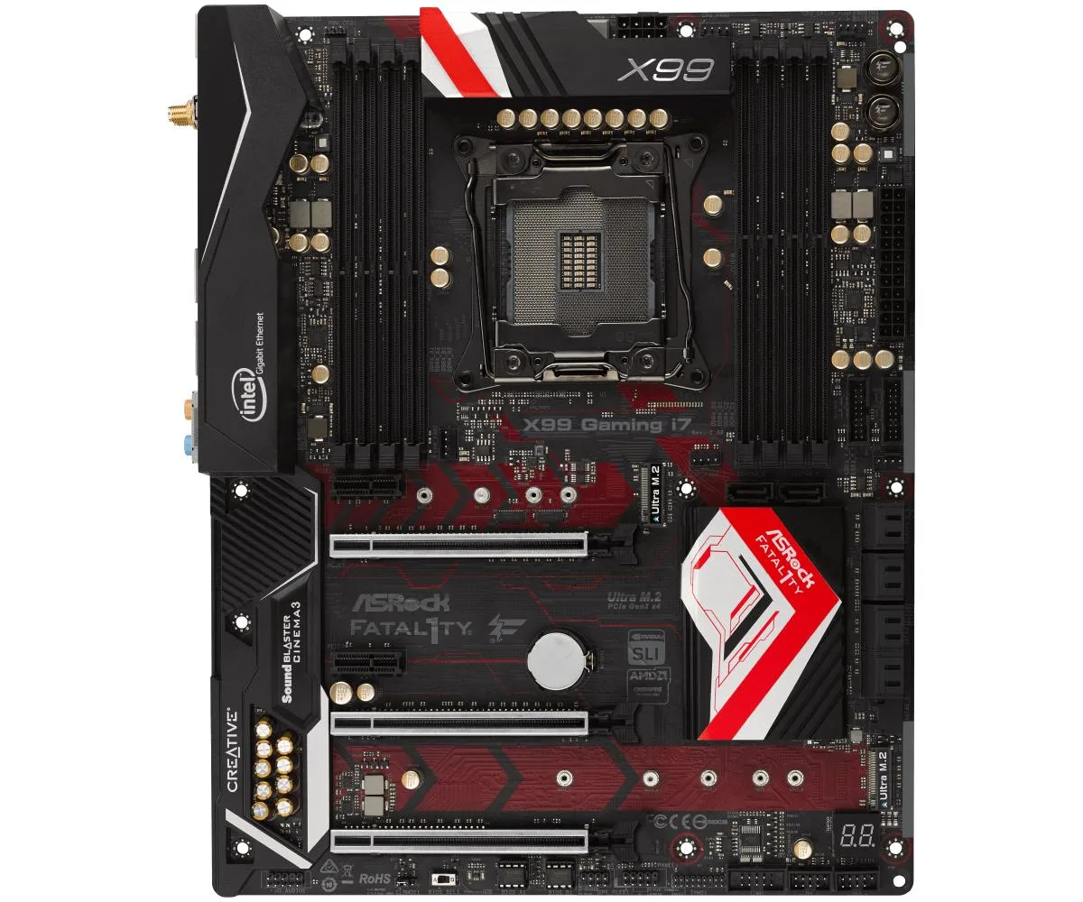 Rectangular ATX motherboard with black PCB, silver heatsinks, eight DDR4 slots, three full-length PCIe slots