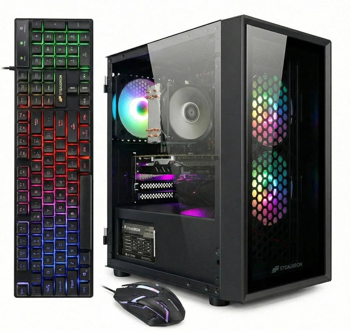Black tower gaming desktop with three RGB fans visible behind tempered glass side panel