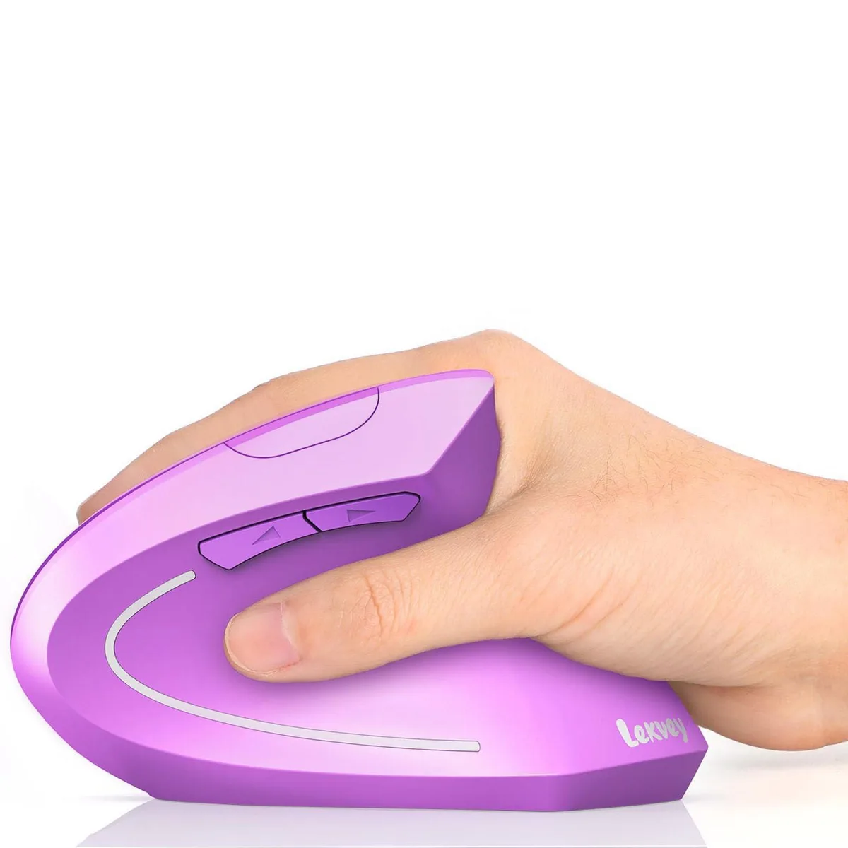 Purple vertical wireless mouse with six buttons and ergonomic right-hand shape
