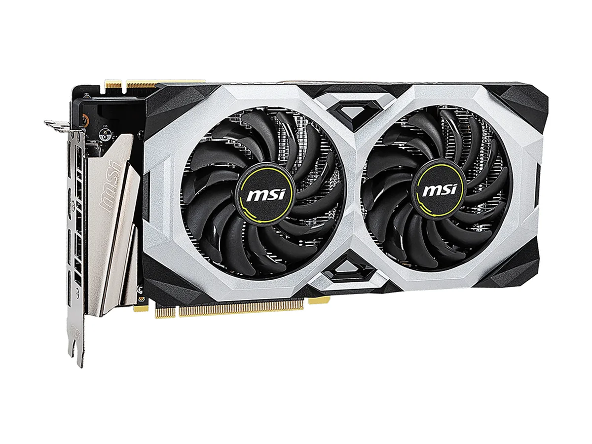 Black dual-fan graphics card with silver accents and backplate