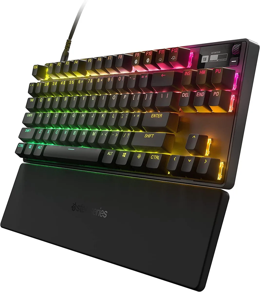 Compact black tenkeyless keyboard with OLED display and PBT keycaps