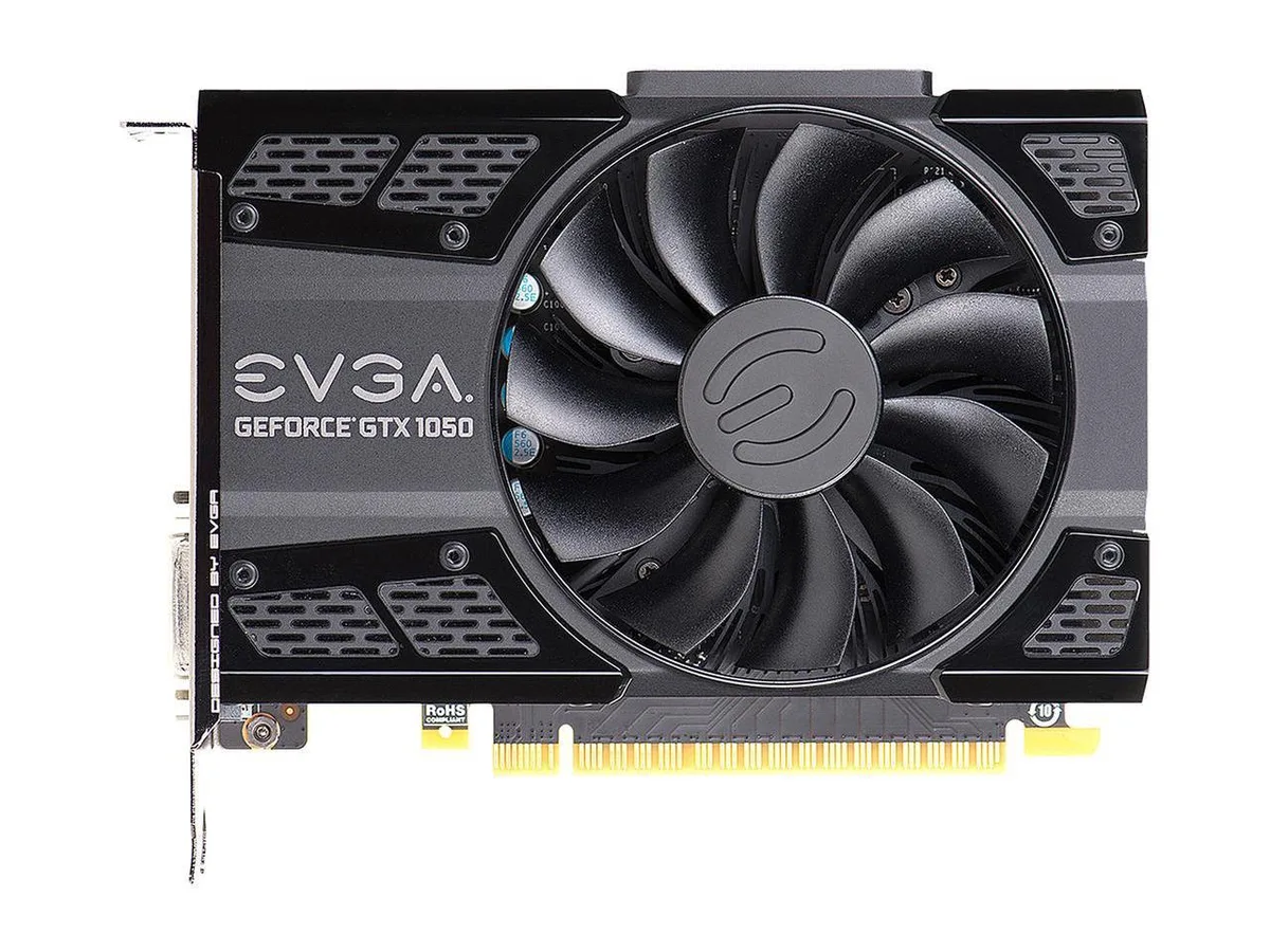 Black dual-slot graphics card with single fan and metal backplate, HDMI DisplayPort DVI outputs