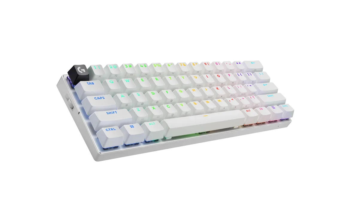 White compact 60 percent mechanical gaming keyboard with RGB backlighting and optical tactile switches