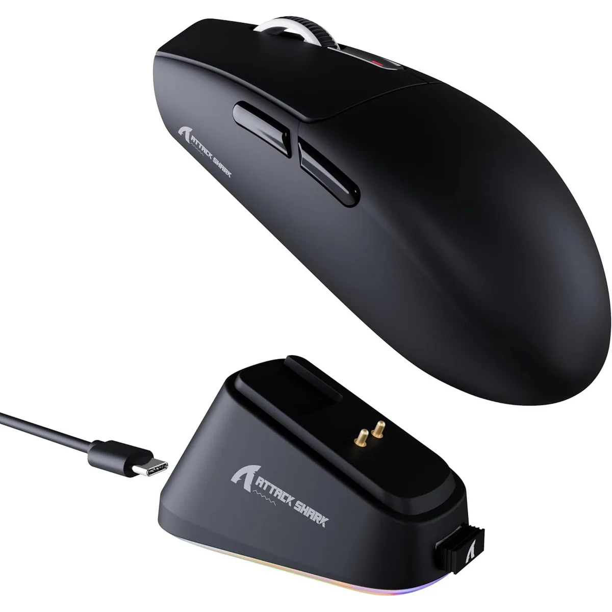 Black lightweight gaming mouse with magnetic charging dock, tri-mode wireless connectivity, 59g weight, 25000 DPI optical sensor