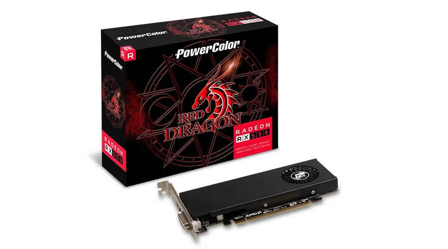 Low-profile graphics card, black PCB, single fan, DVI and HDMI ports
