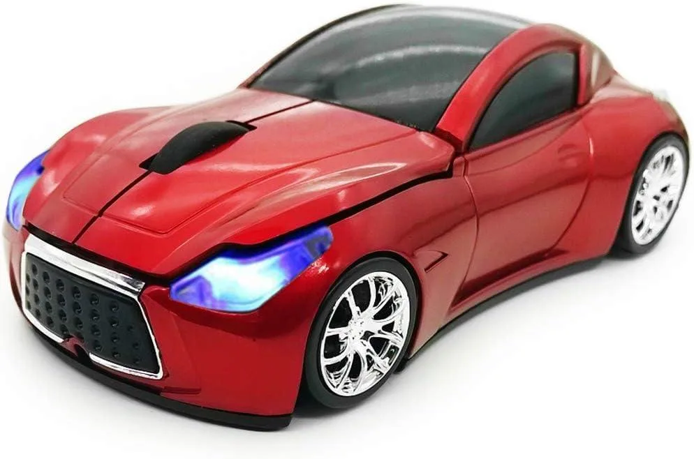 Glossy red wireless mouse shaped like a sports car with headlights