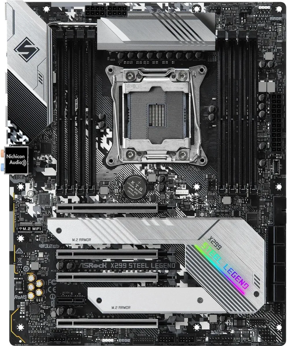 ATX motherboard with silver-grey steel armour, eight DDR4 slots, four full-length PCIe x16 slots