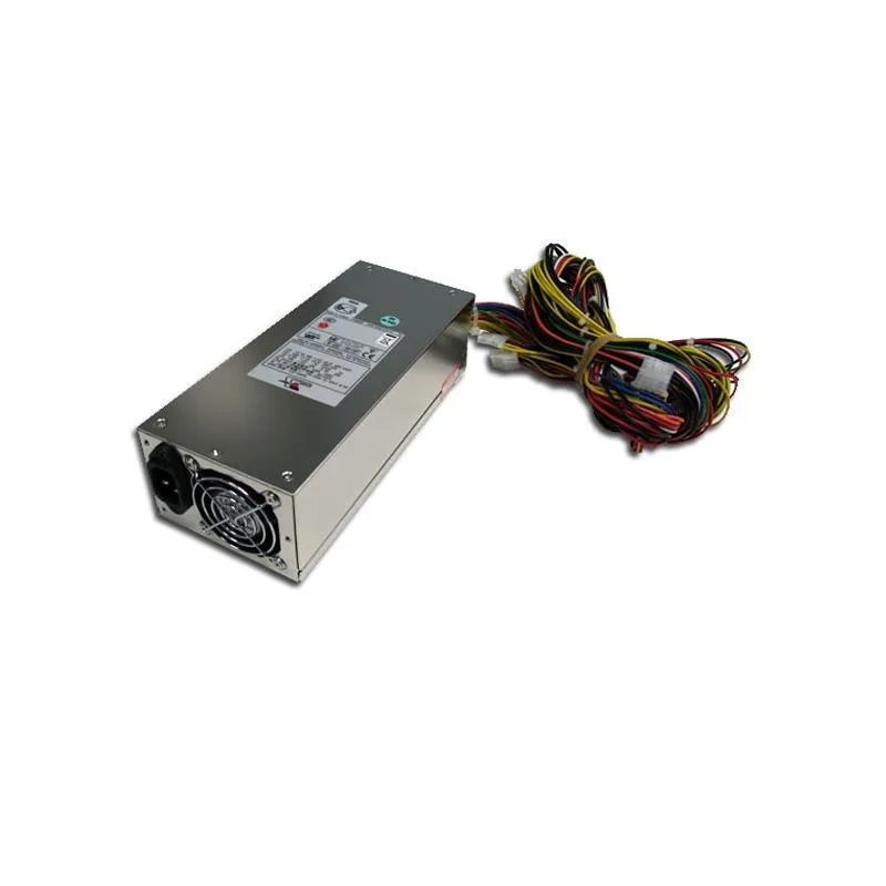 Silver metal 2U ATX power supply unit with rear fan grille and power socket