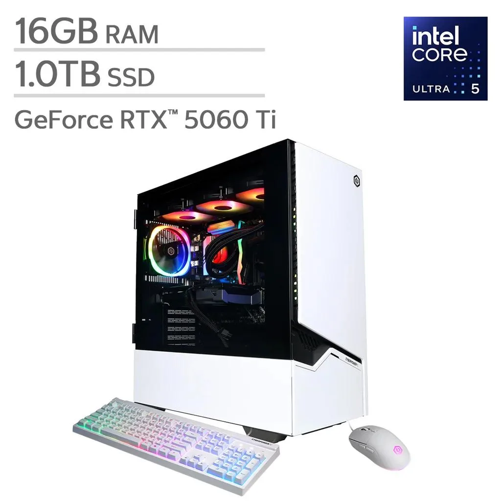 White mid-tower gaming desktop with RGB keyboard and mouse
