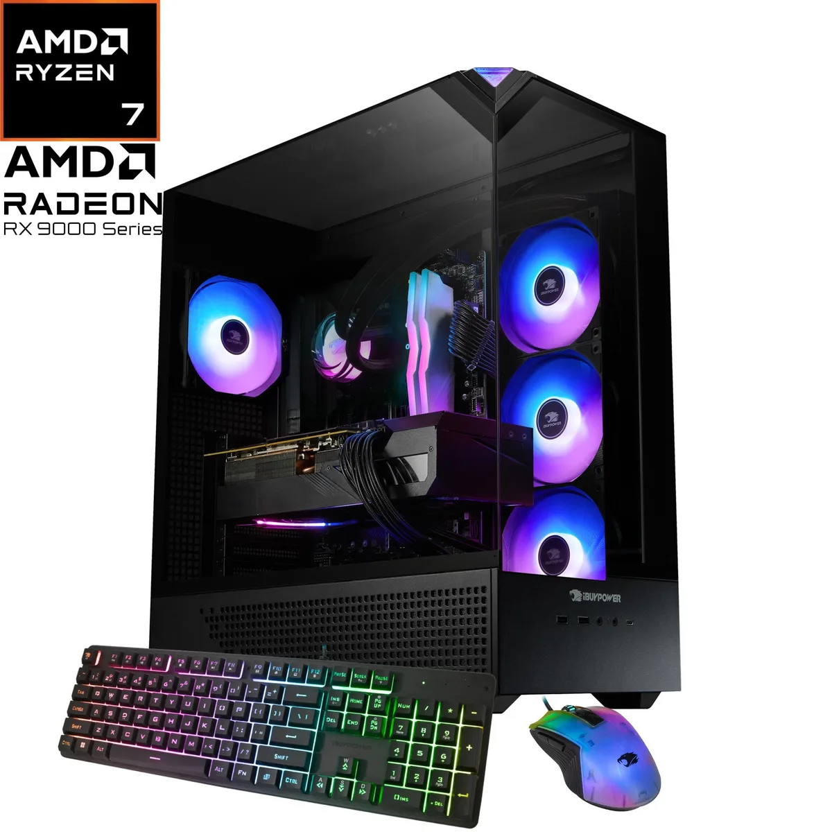 Black mid-tower gaming desktop with tempered glass side panel and RGB lighting