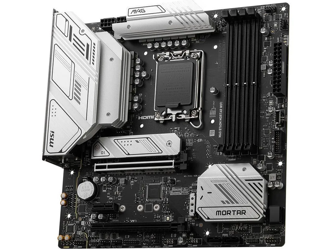 Dark green Micro ATX board with silver heatsinks and rear I/O shield