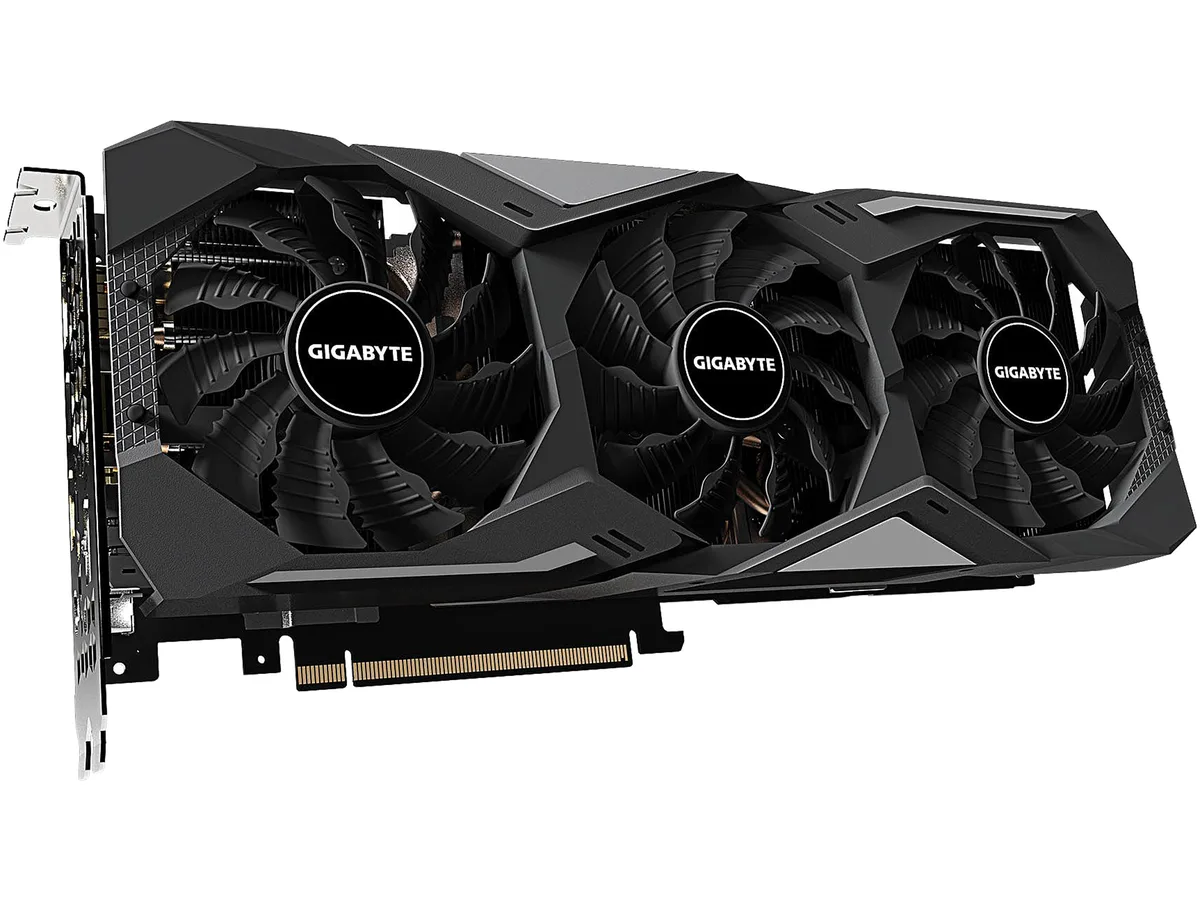 Black triple-fan graphics card with metal backplate