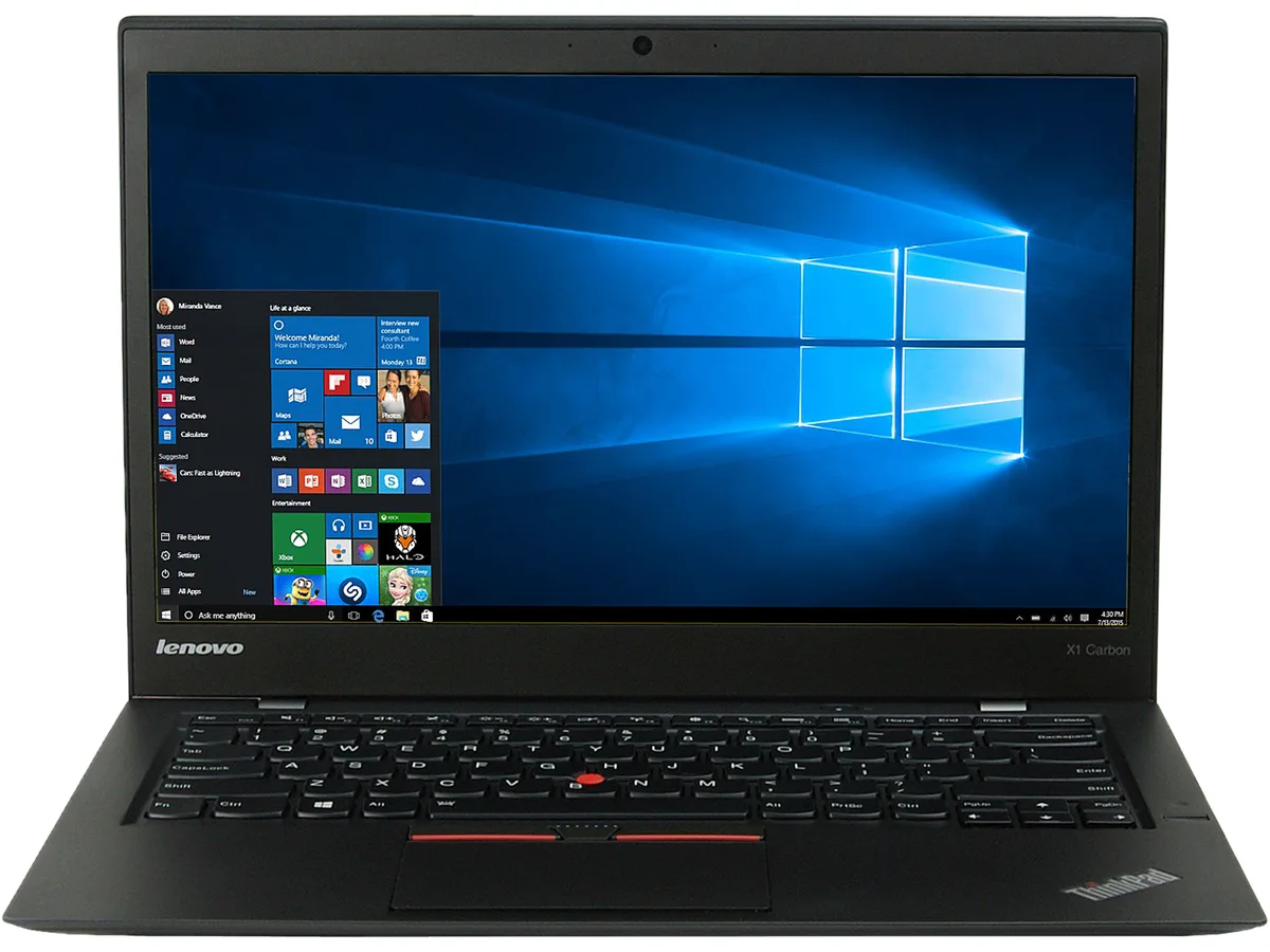 Refurbished gray 14 inch ThinkPad X1 Carbon laptop, closed lid, matte carbon-fiber finish