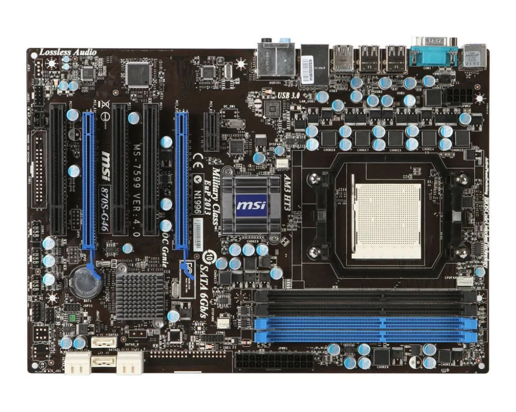 ATX motherboard in dark finish with silver heatsinks, four DDR3 slots and multiple expansion slots