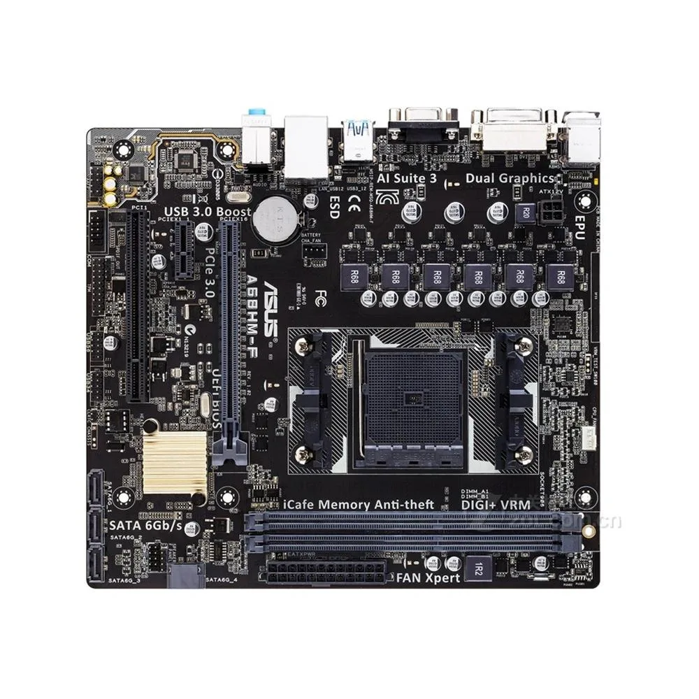 ASUS A68HM-F Micro ATX motherboard green PCB black components silver ports