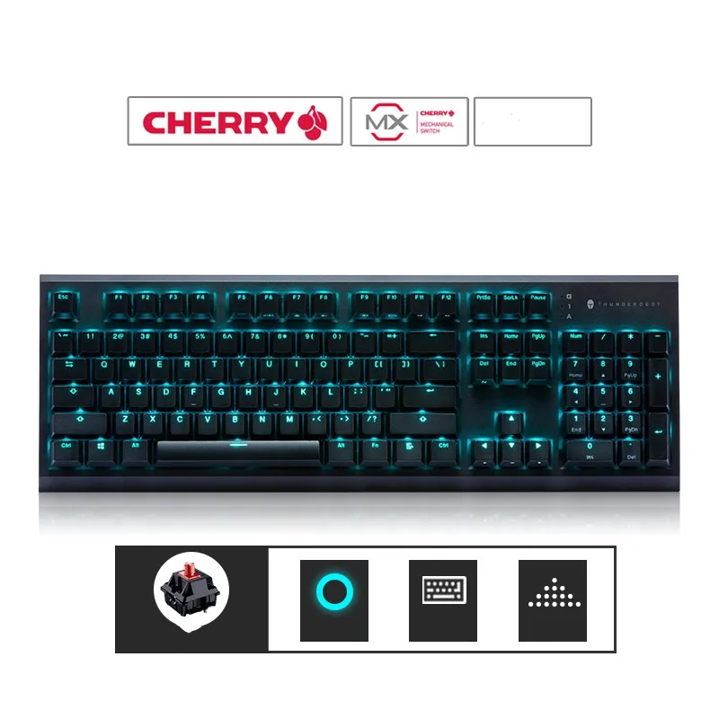 Black full-size wired mechanical gaming keyboard with blue backlit keys and USB cable