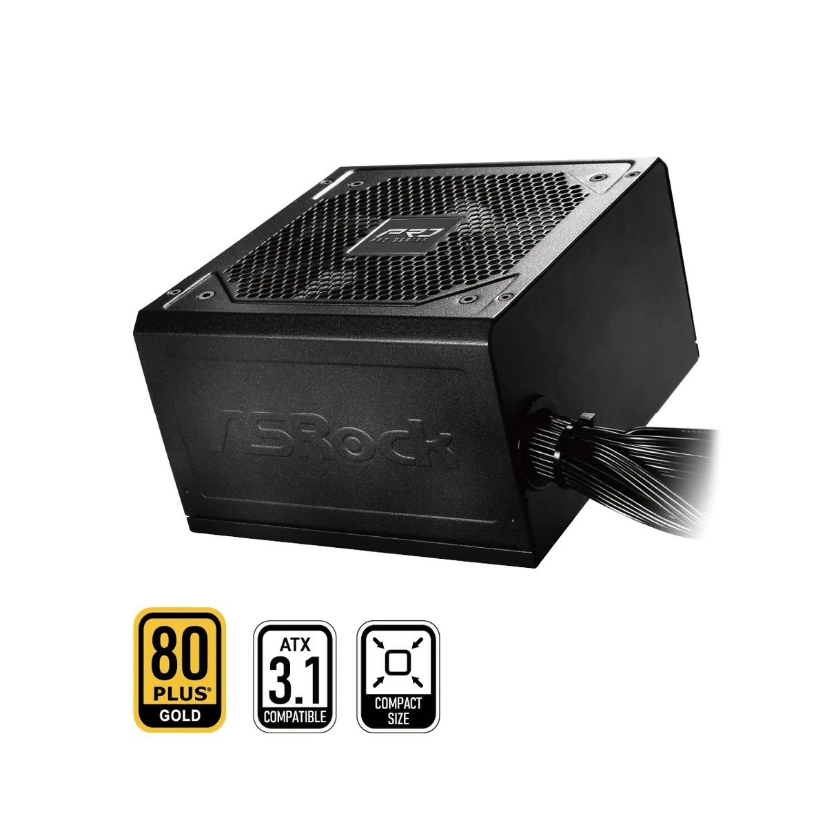 Black rectangular ATX power supply with 120 mm fan and modular cables