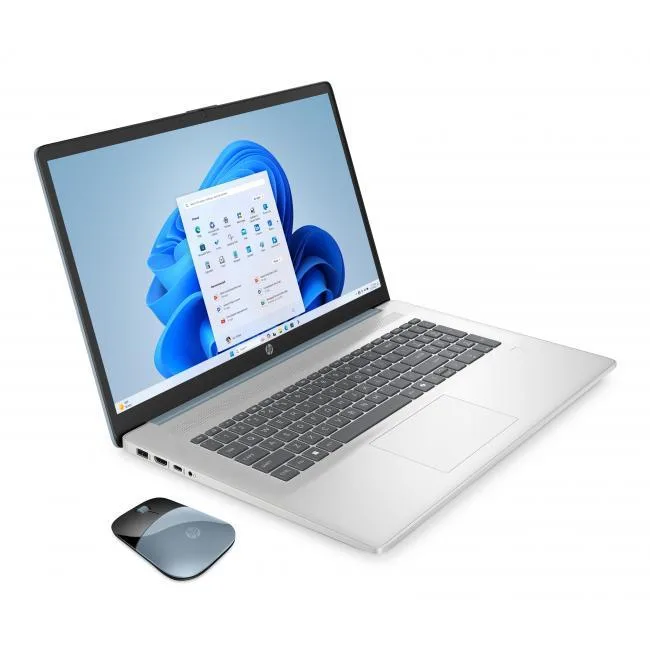 Moonlight Blue 17.3 inch HD+ touchscreen laptop with soft grey backlit keyboard and HP wireless mouse