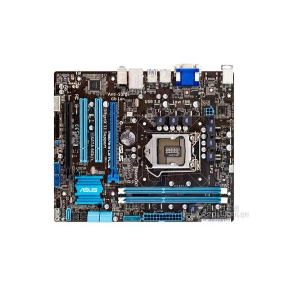 Green micro-ATX motherboard with black LGA 1155 socket, blue DDR3 slots, silver heatsinks and a SATA cable