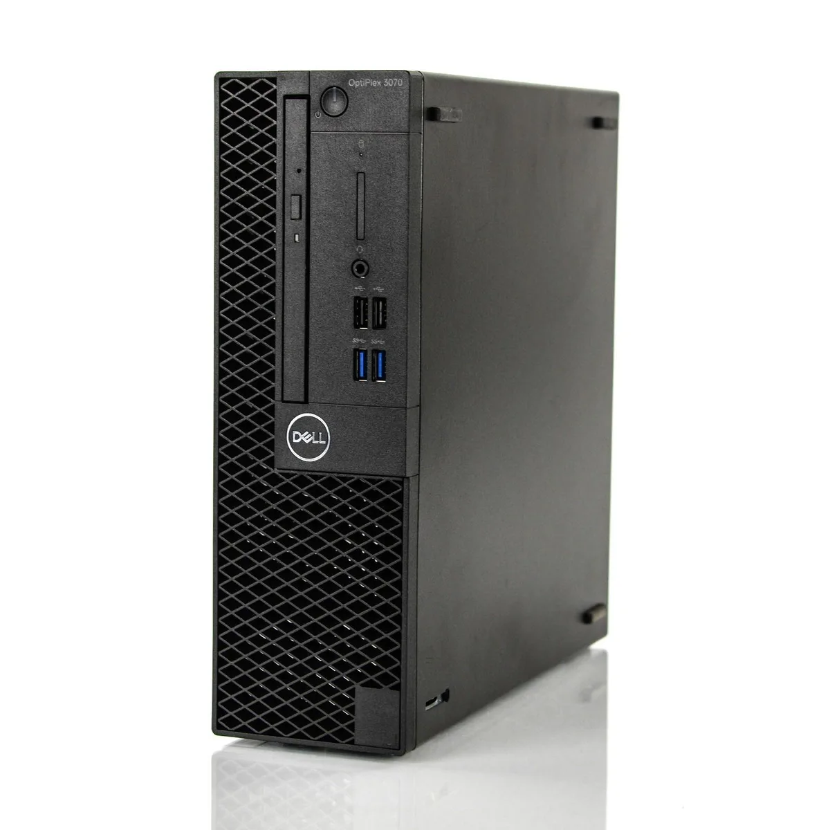 Black small form factor desktop tower, matte finish, front panel with power button and USB ports