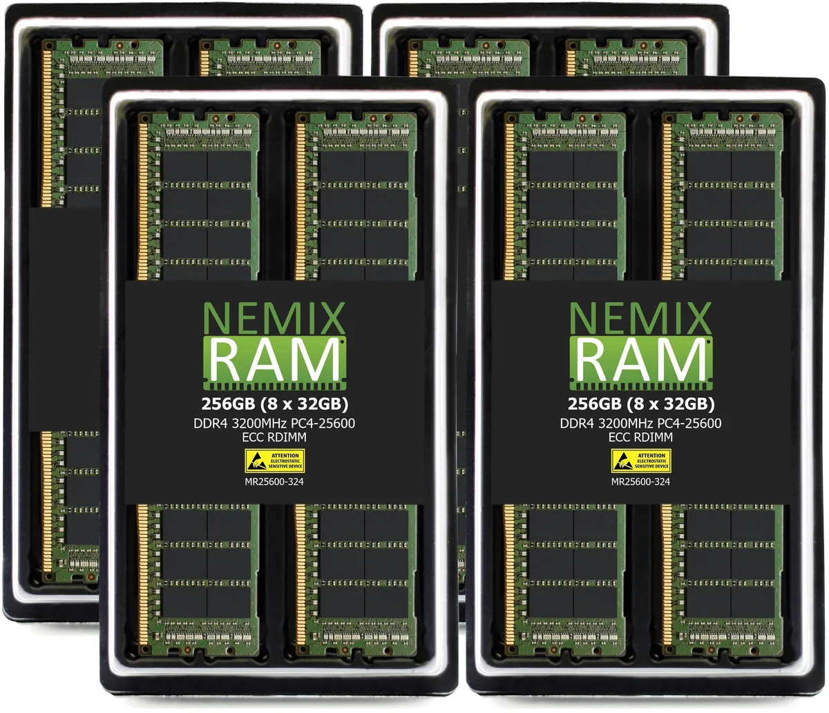 Eight green DDR4 RDIMM sticks with black chips, no heat spreaders