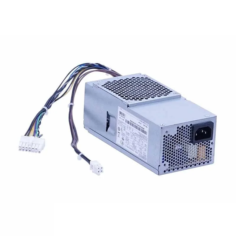 Rectangular ATX power supply unit with matte black metal casing and visible cooling fan grille