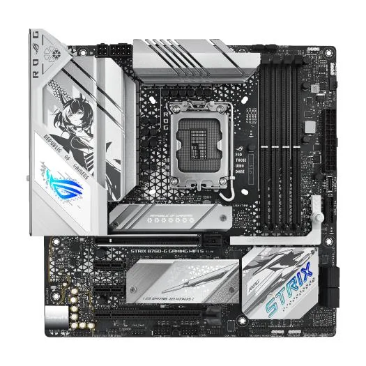 ASUS ROG STRIX B760-G mATX motherboard with black VRM heatsinks and RGB accents