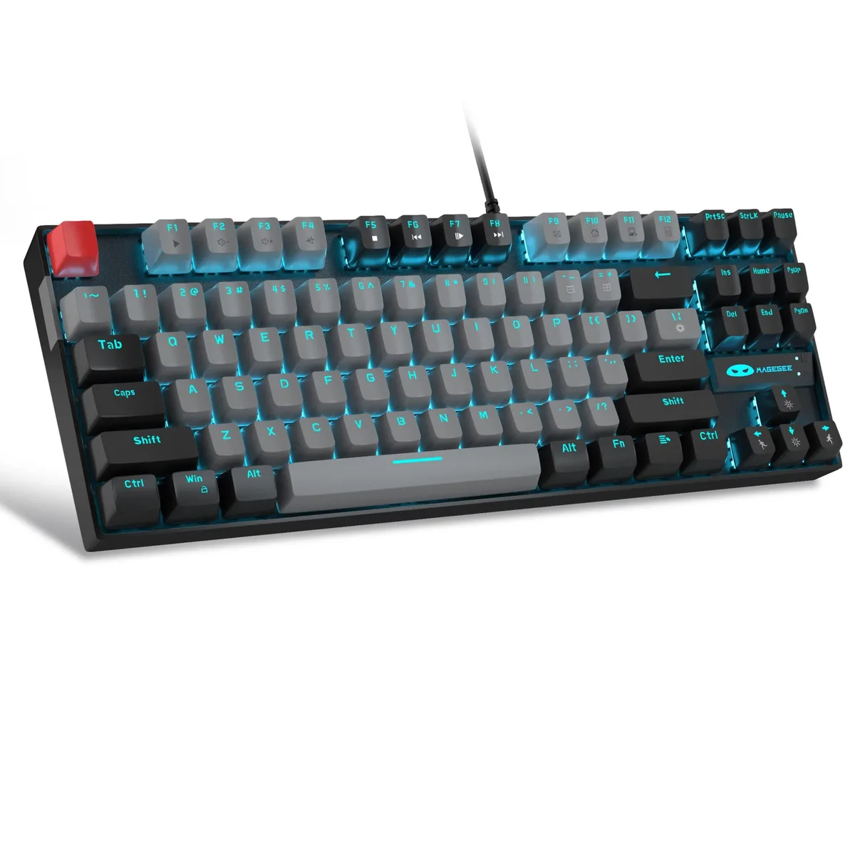 Compact 75 percent mechanical keyboard in grey and black with blue LED backlighting and metal top plate