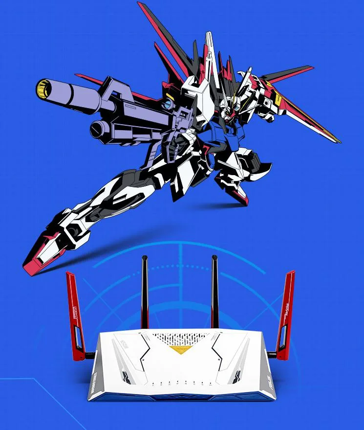 White rectangular router with four angled antennas and Gundam-themed red accents