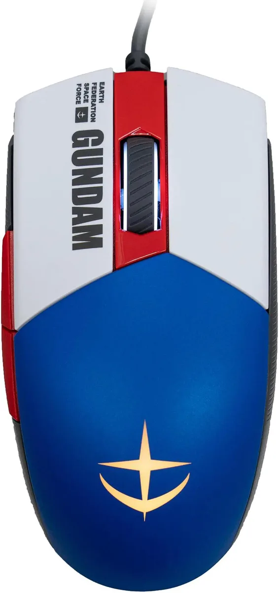 White and blue ambidextrous gaming mouse with RGB lighting and braided cable