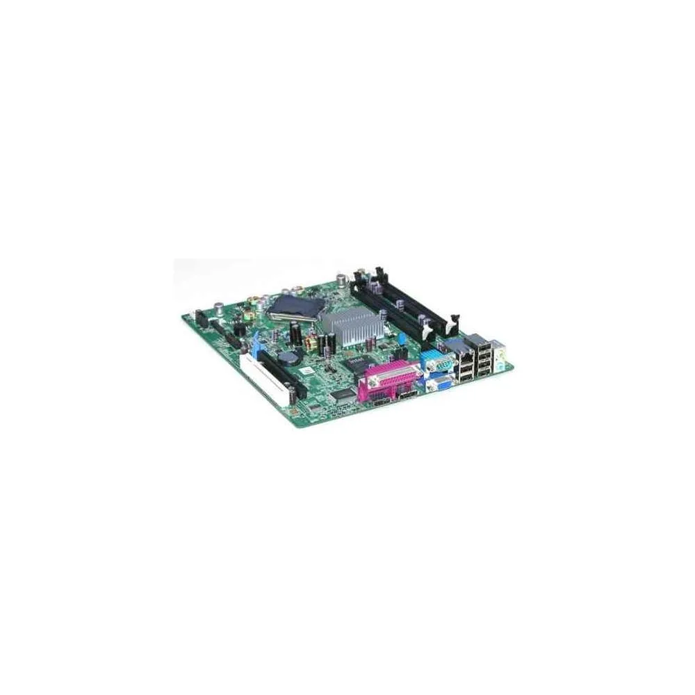 Green rectangular SFF motherboard with LGA-775 socket, two DDR2 slots, PCIe x16 and PCI slots, rear VGA, serial, parallel, RJ-45