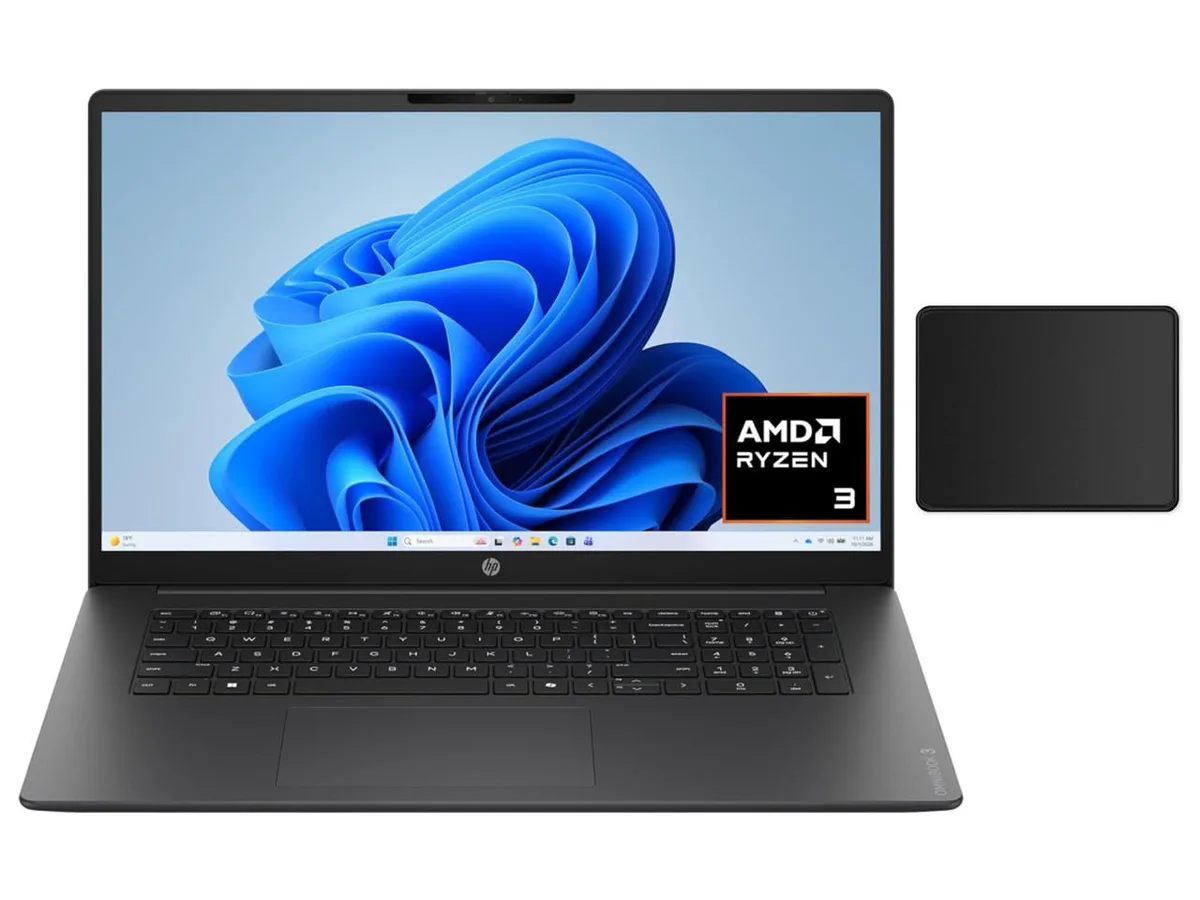Silver 17.3 inch laptop with flat keyboard and trackpad
