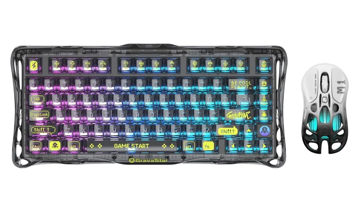 Transparent black 75% keyboard with see-through keycaps and gradient black wireless mouse