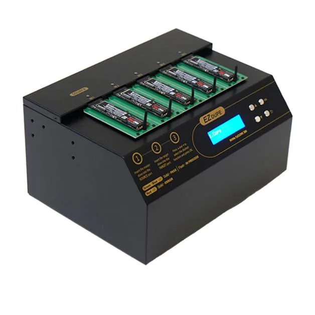 Black standalone duplicator with four M.2 NVMe slots and a 16x2 LCD display