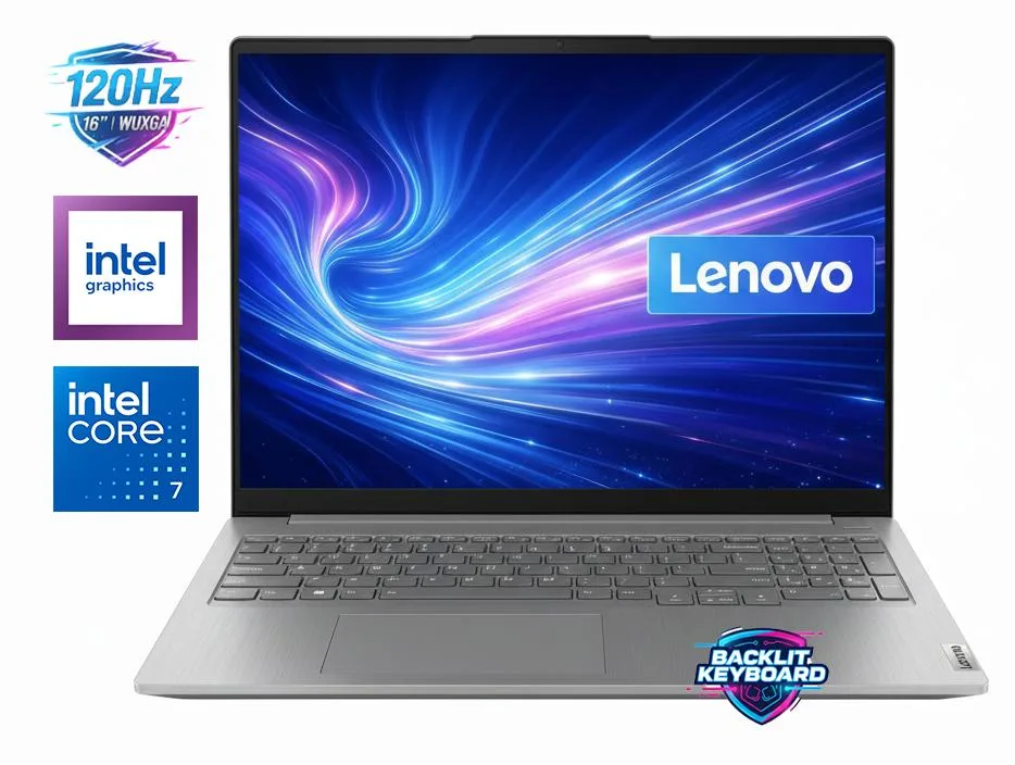 Grey 16-inch laptop with touchscreen display and backlit keyboard