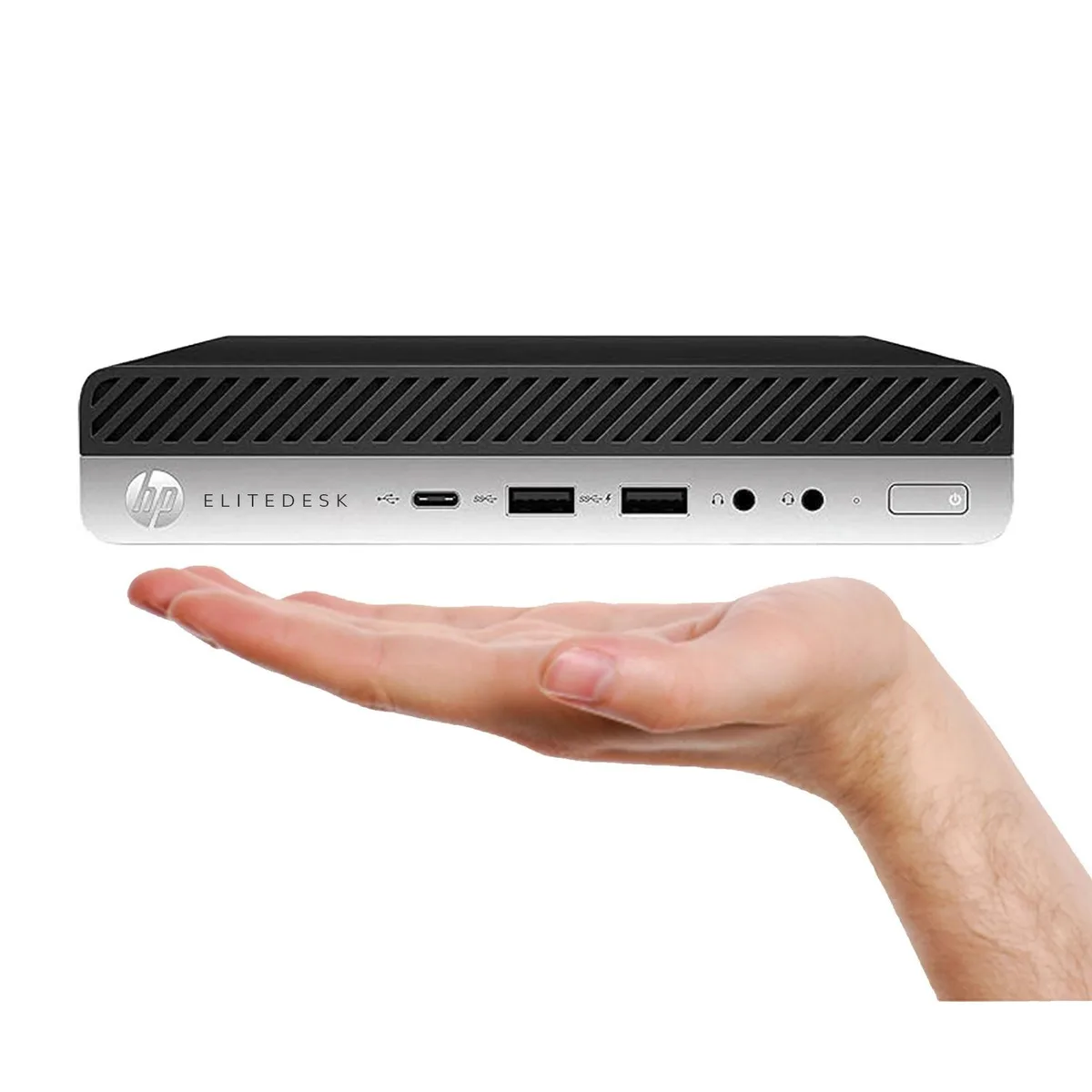 Compact HP EliteDesk 800 G4 Mini PC in matte silver finish, small square chassis with front USB and audio ports