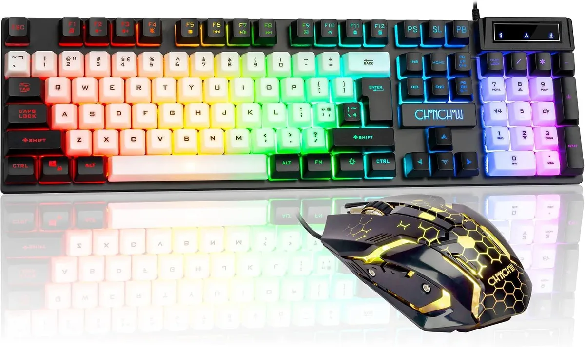 Full-size white keyboard with rainbow backlight and matching wired mouse