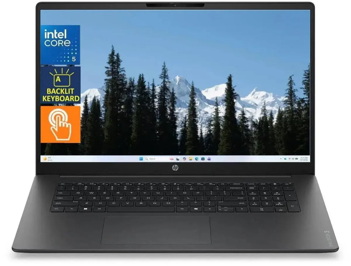 Silver 17.3 inch touchscreen laptop, thin profile, backlit keyboard with number pad