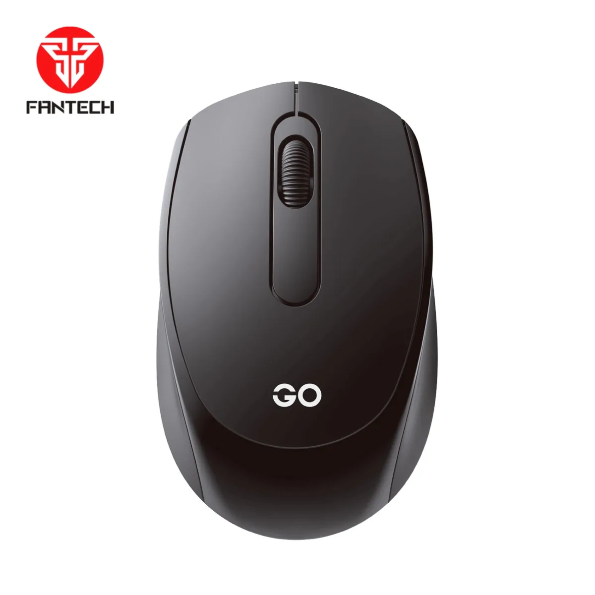 Black symmetrical wireless mouse with nano USB receiver and single AA battery