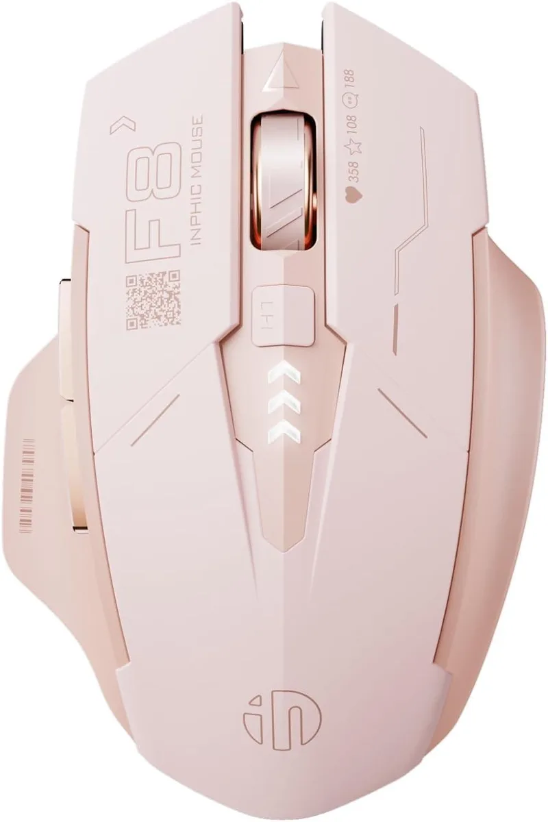 Pink wireless gaming mouse with visible battery indicator and ergonomic shape