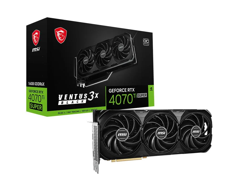Black triple-fan graphics card with silver heatsink visible through vents