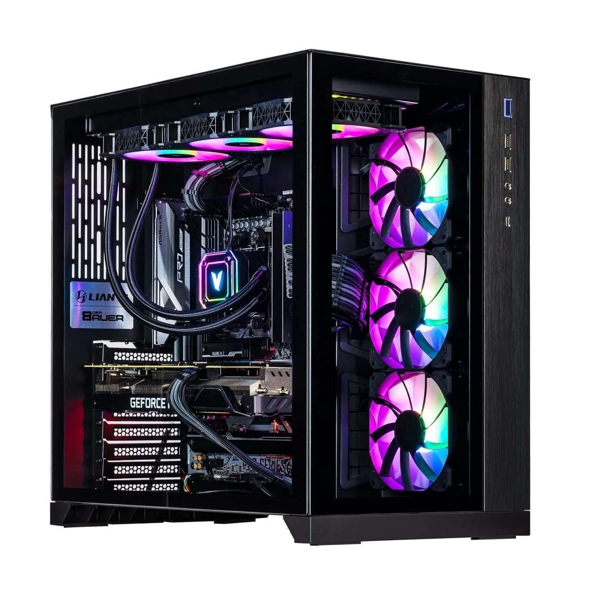 Black desktop tower with RGB liquid cooler visible inside
