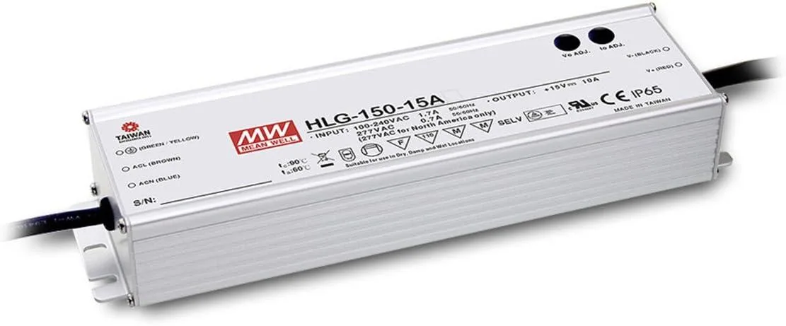 Rectangular metal power supply with finned sides and cable connections
