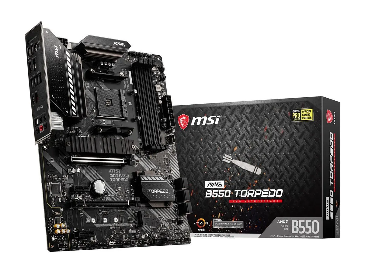 ATX motherboard in dark grey and black with silver heatsinks and AM4 socket