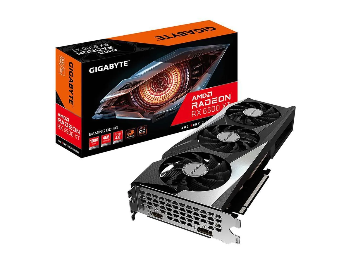 Gigabyte Radeon RX 6500 XT Gaming OC graphics card with dual-fan Windforce cooler and black metal backplate