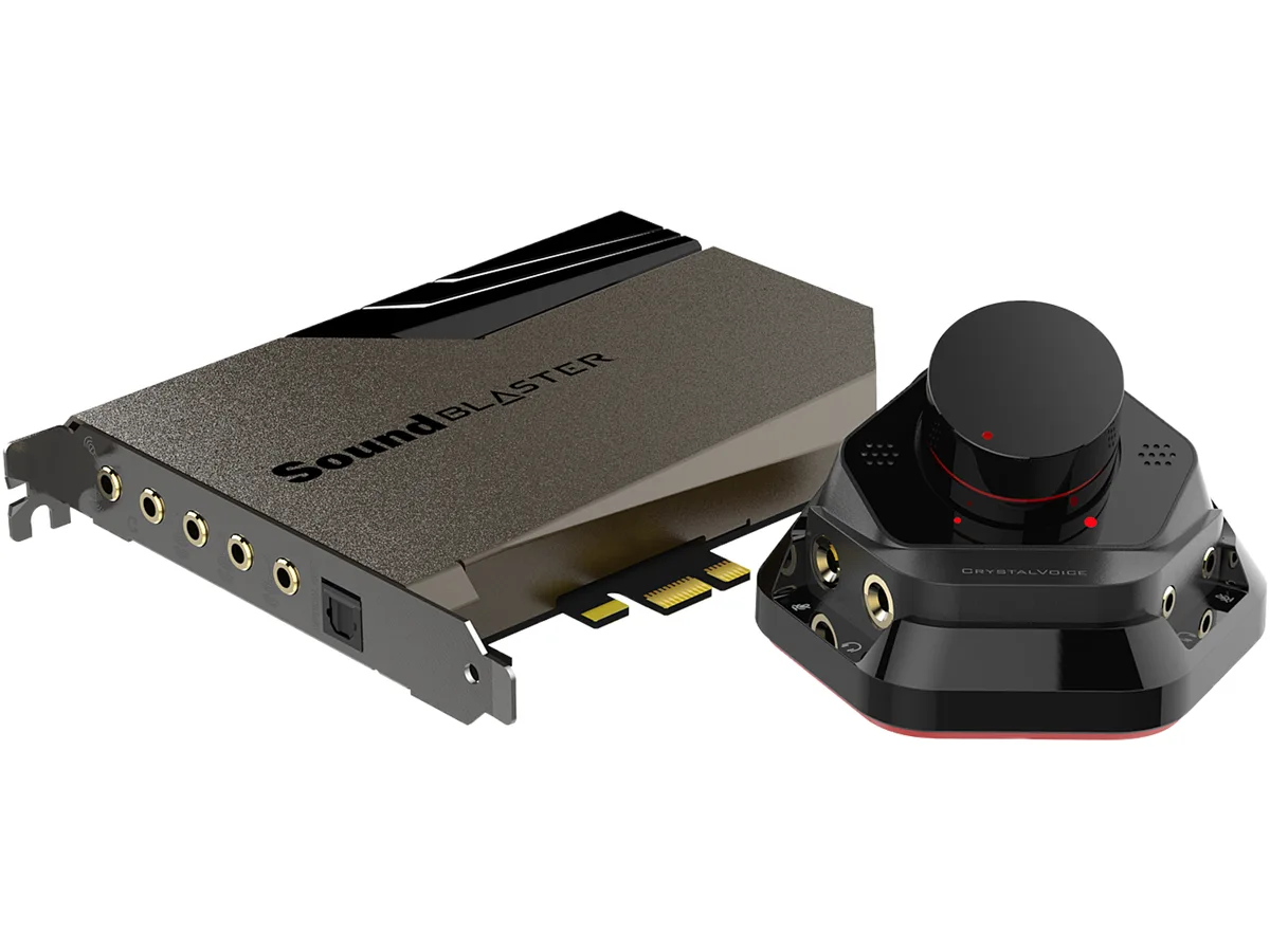 Black PCIe sound card with separate desktop audio control module