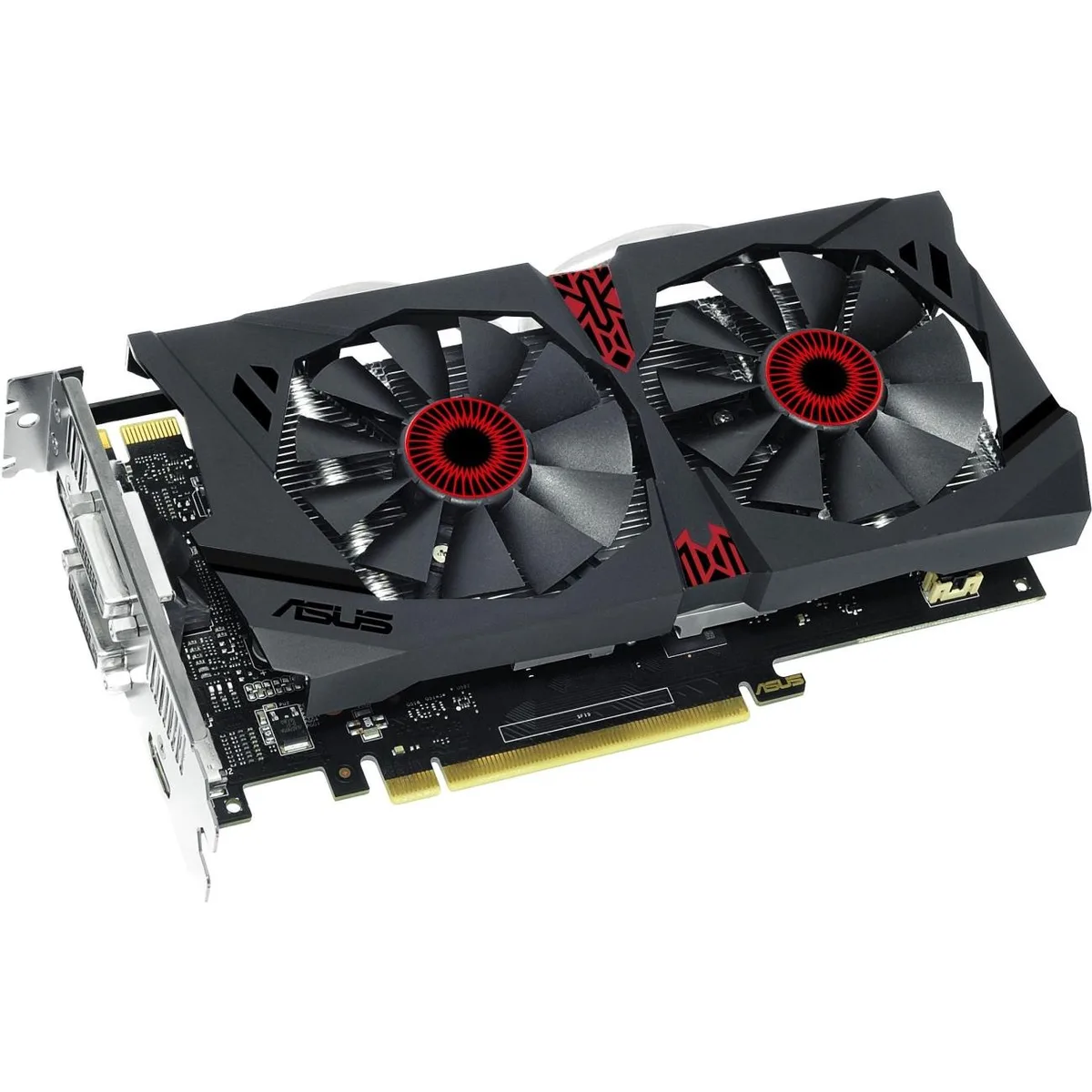 Dual-slot graphics card with silver dual-fan cooler and metal backplate, 8.7 inches long