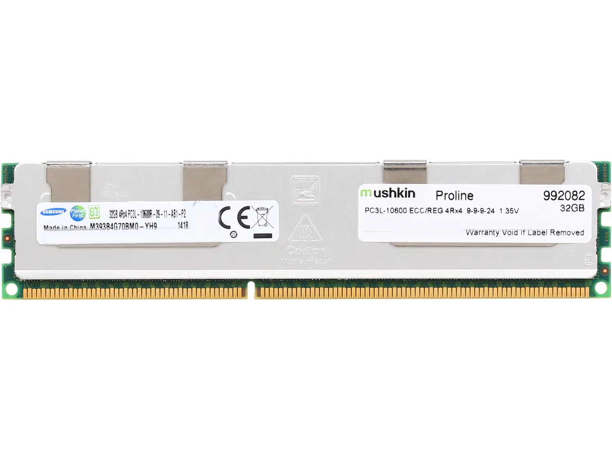 Green 240-pin DDR3L server DIMM with black chips, 32GB capacity