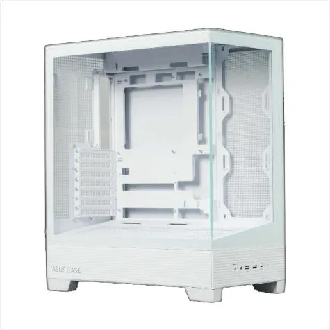 White mid-tower PC case with tempered glass side panels, front USB-C and USB-A ports, angled bottom fan mount
